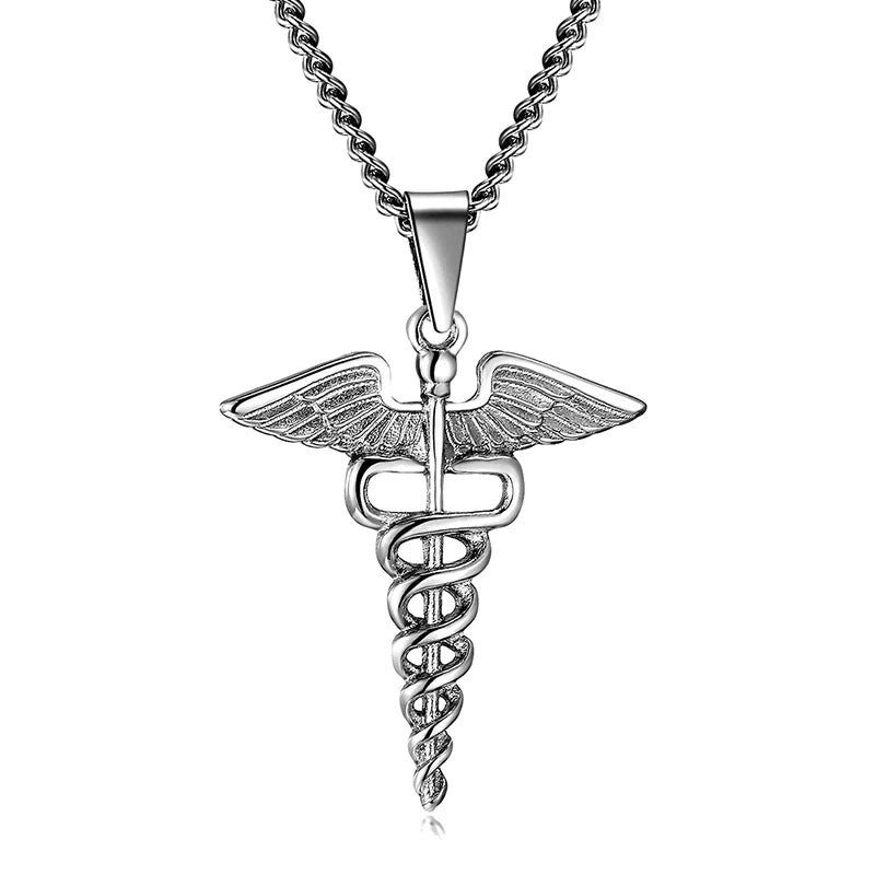 Silver caduceus pendant necklace on a white background