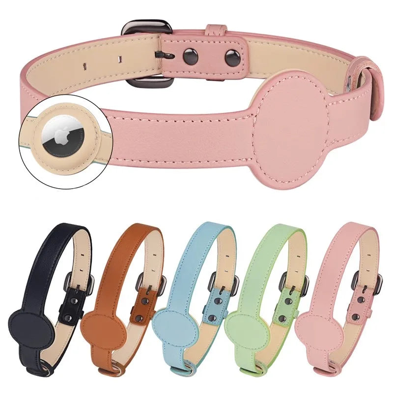 Pink leather dog collar with close-up of buckle and five other colored collars below on a white background.