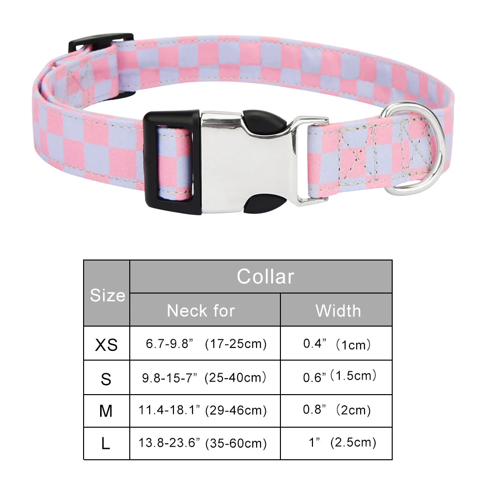 Pink and purple checkered dog collar with size chart on a white background