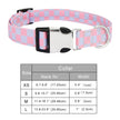 Pink and purple checkered dog collar with size chart on a white background