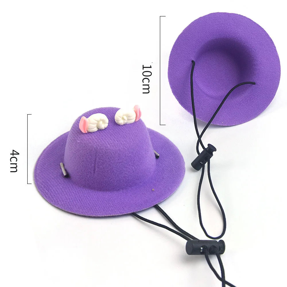 Purple hat with decorative elements and measurement details on a white background