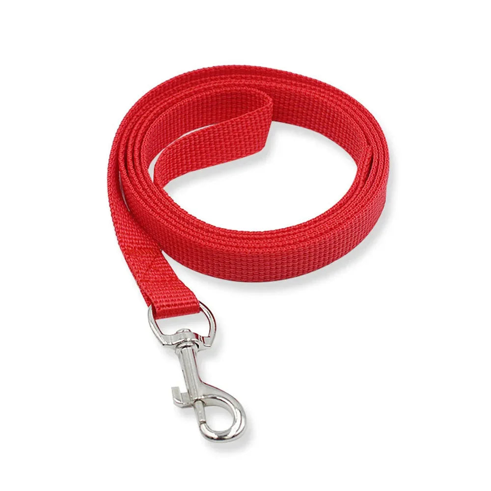 Red dog leash with a silver clip on a white background