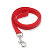 Red dog leash with a silver clip on a white background