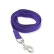 Purple dog leash with a metal clip on a white background