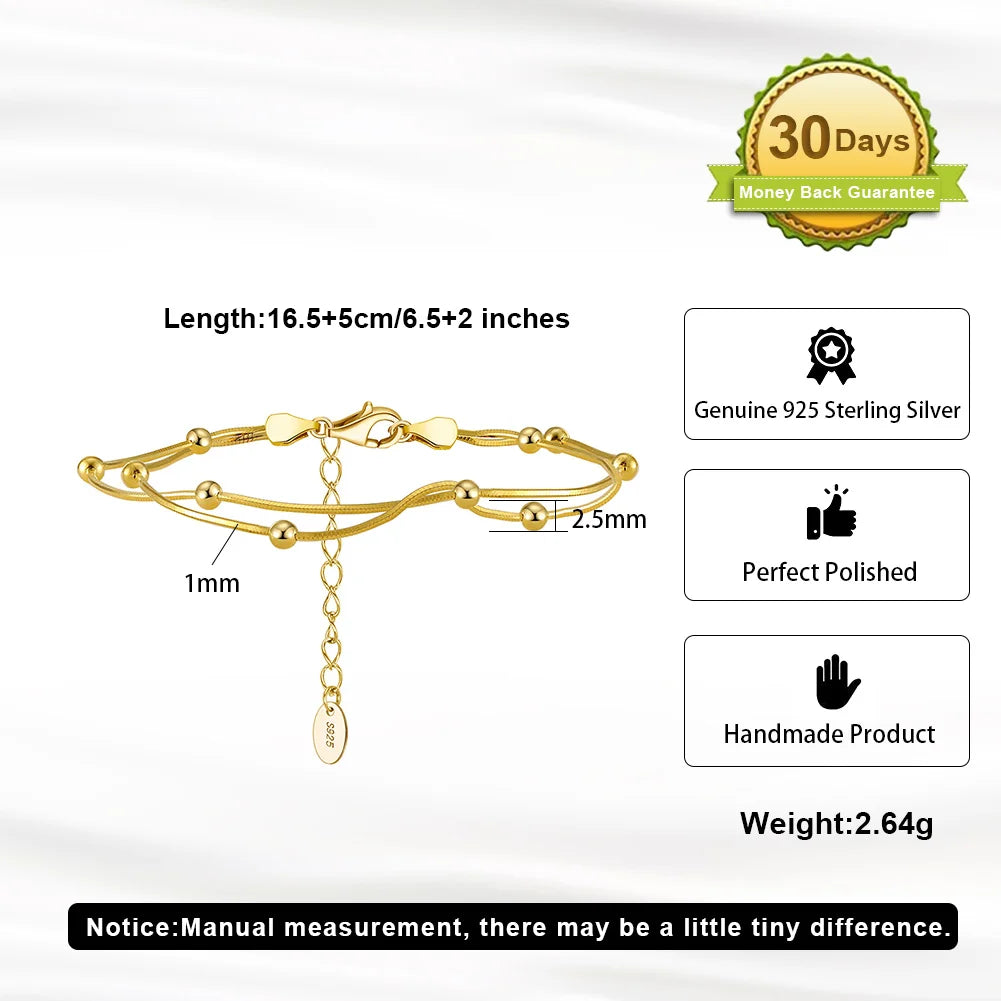 Gold bracelet with measurement details and product features on a white background
