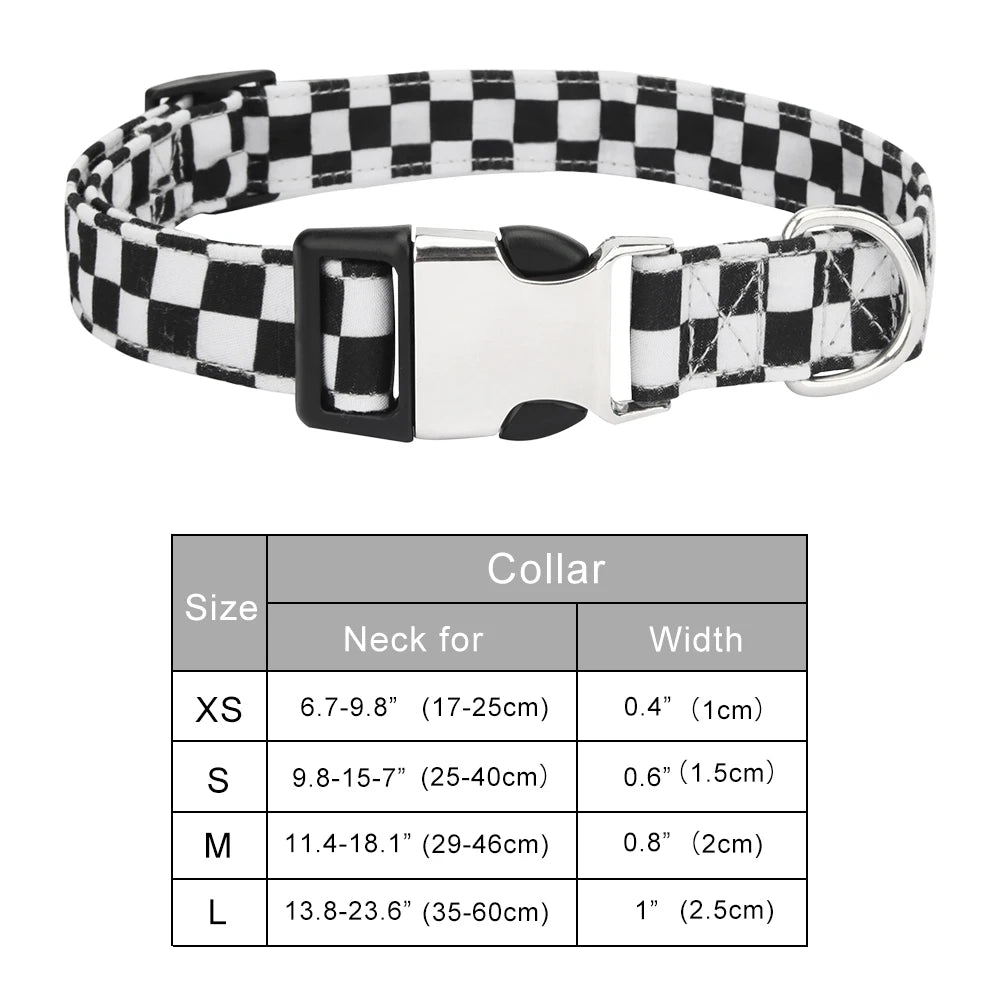 Checkered dog collar with size chart on a white background