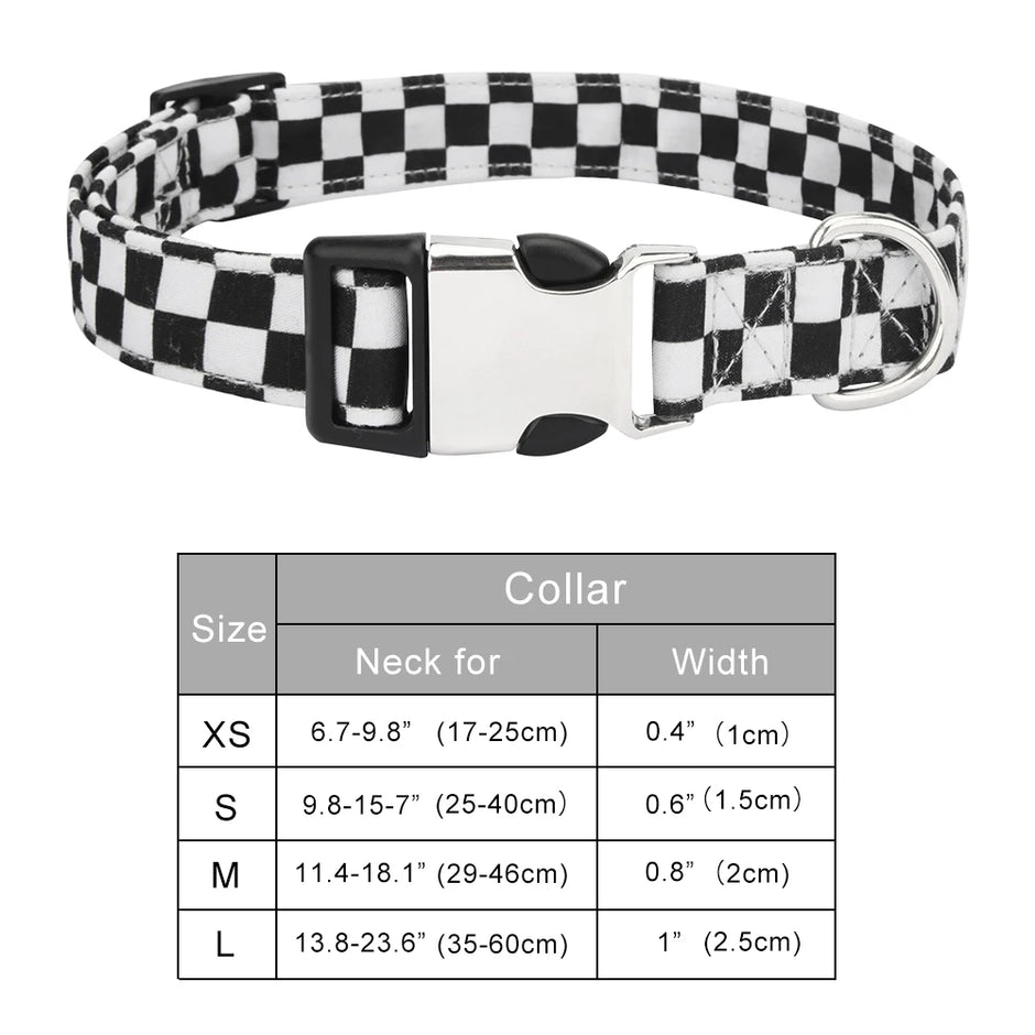 Checkered dog collar with size chart on a white background