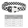 Checkered dog collar with size chart on a white background