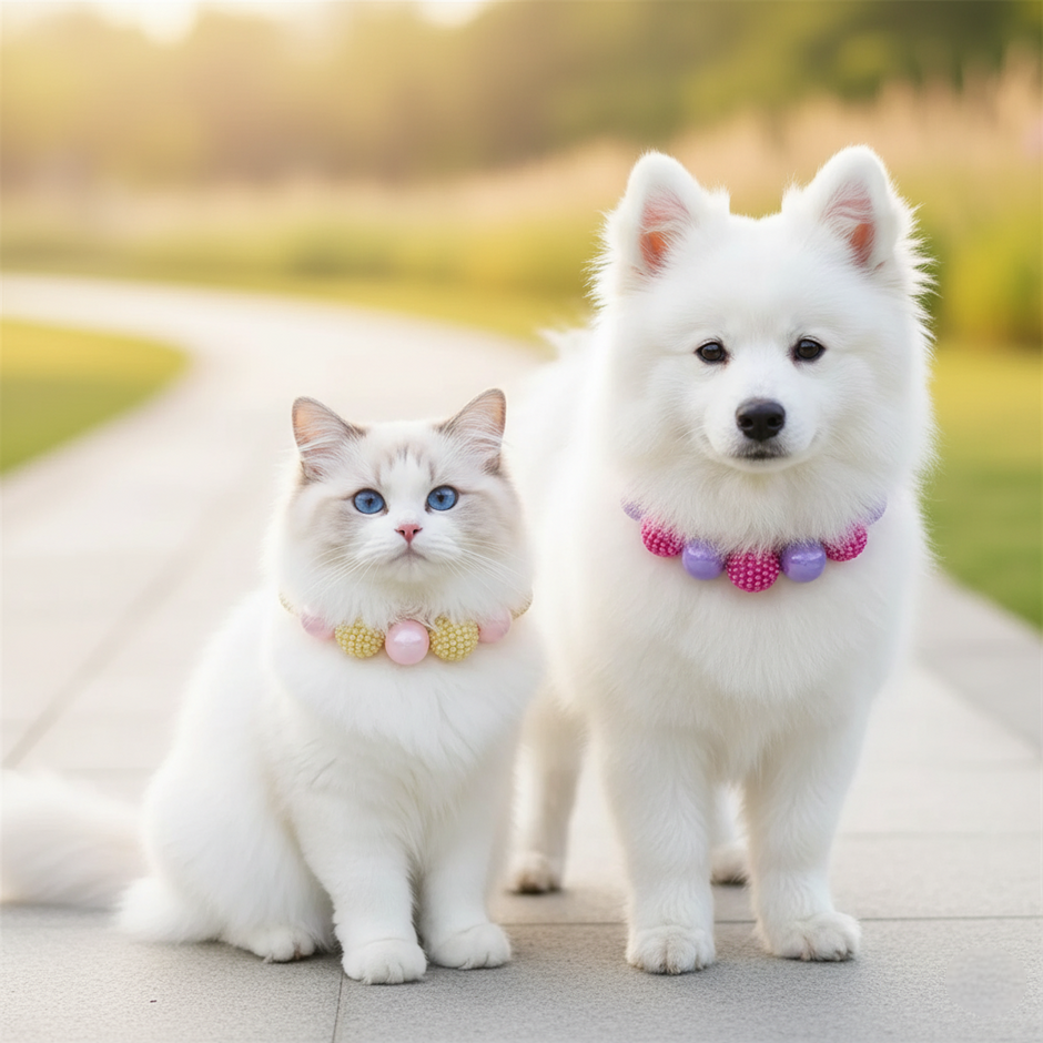 White cat and dog standing on a path outdoors with blurred background