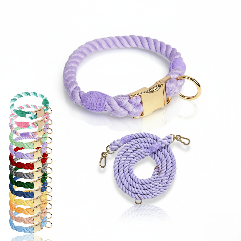 Set of colorful braided leashes with gold clasp