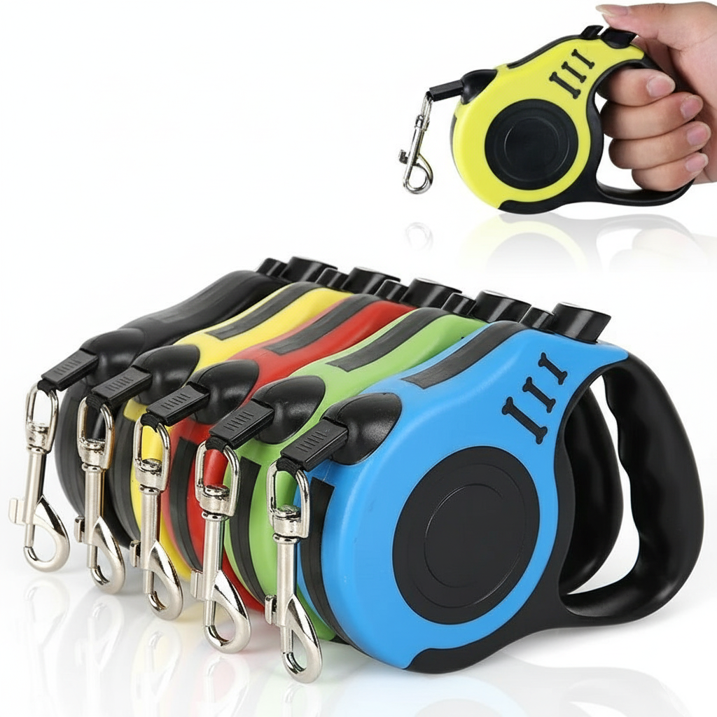 Set of colorful retractable dog leashes with a hand holding one in the top corner.