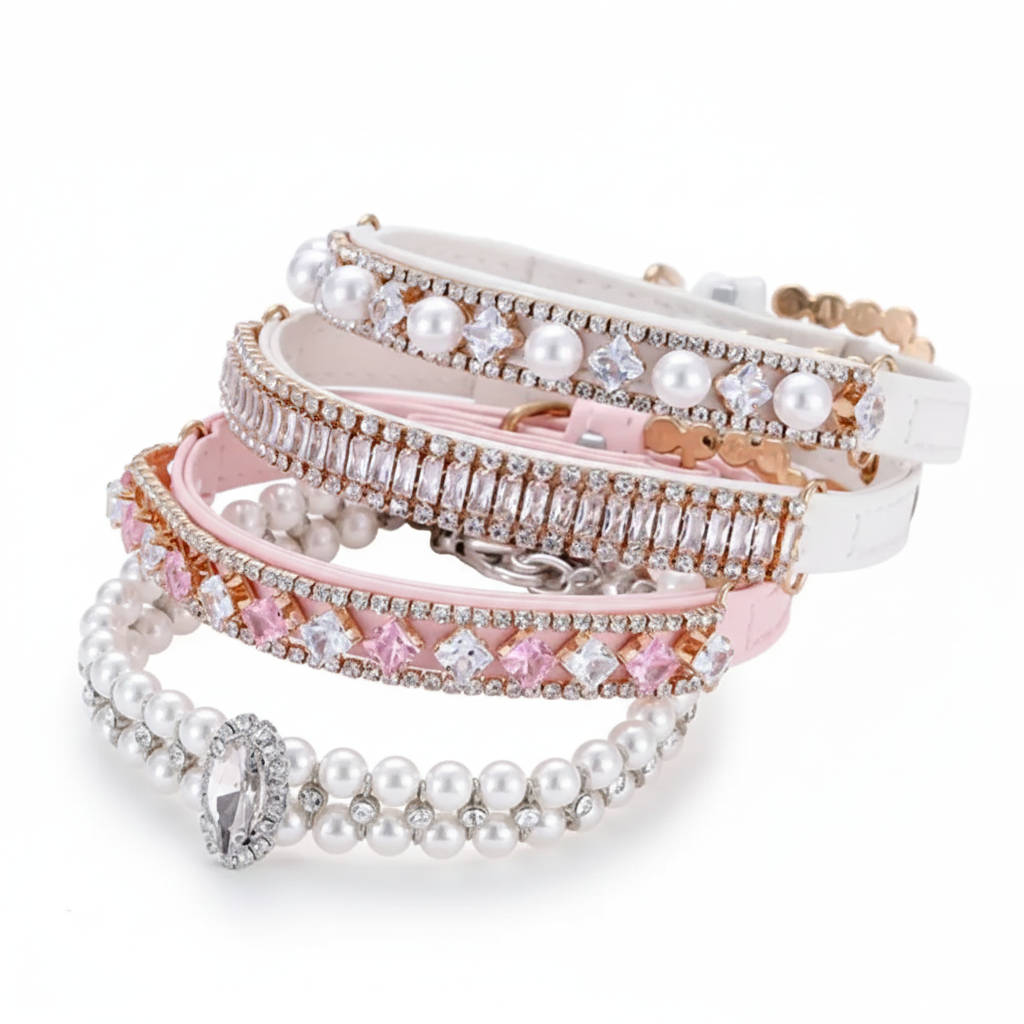 Set of pearl and crystal-embellished collars on a white background