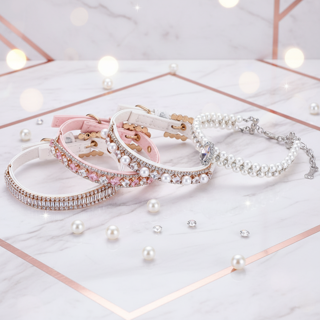 Set of pearl and crystal collars on a decorative surface with lights in the background