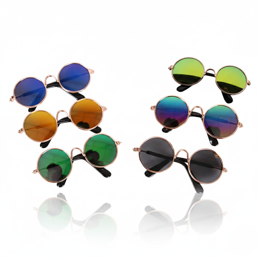 Set of round sunglasses with rose gold frames and multicolored lenses on a white background