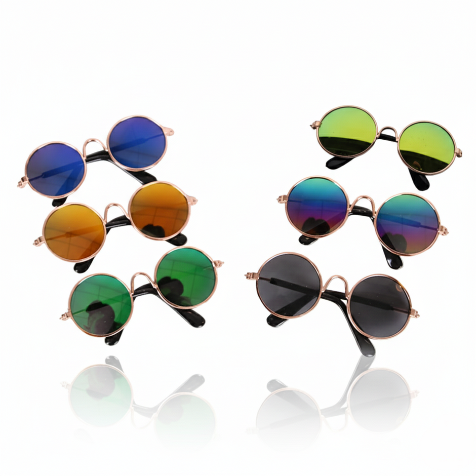 Set of round sunglasses with rose gold frames and multicolored lenses on a white background