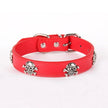 Red dog collar with skull designs on a white background