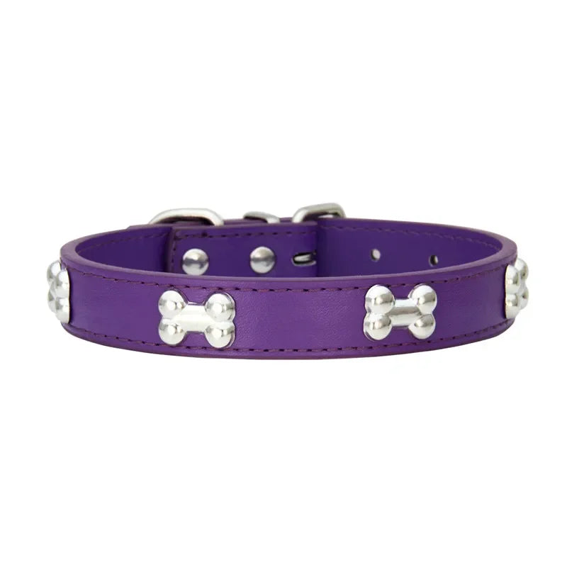 Purple dog collar with silver bone-shaped studs on a white background
