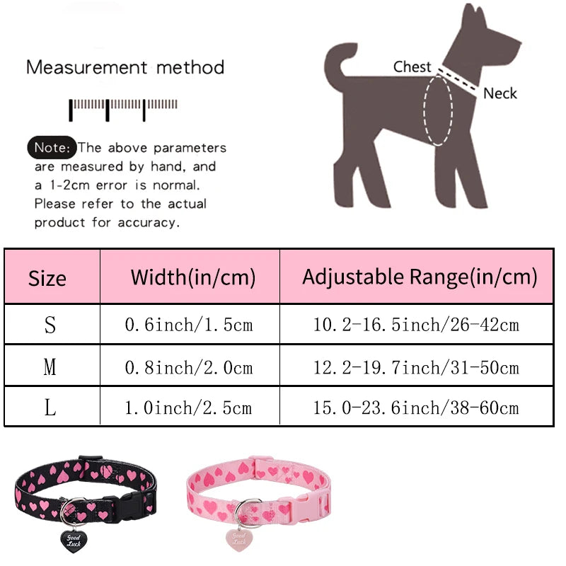 Measurement chart for dog collars with size chart and illustrations
