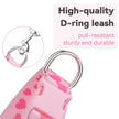Pink leash with D-ring and heart pattern, featuring text on a white background.