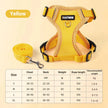 Yellow dog harness and leash set with size chart on a beige background