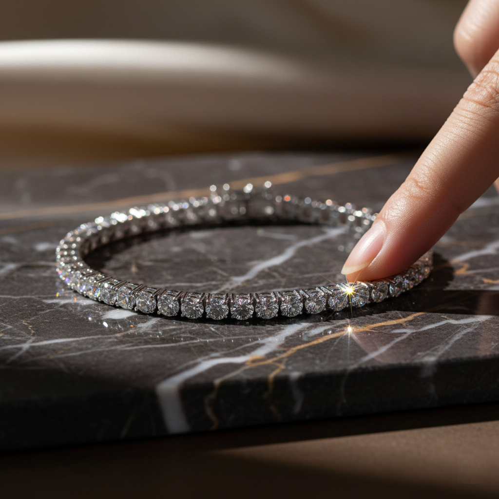 Silver-plated bracelet with AAA+ cubic zirconia on a marble surface, with a hand touching it