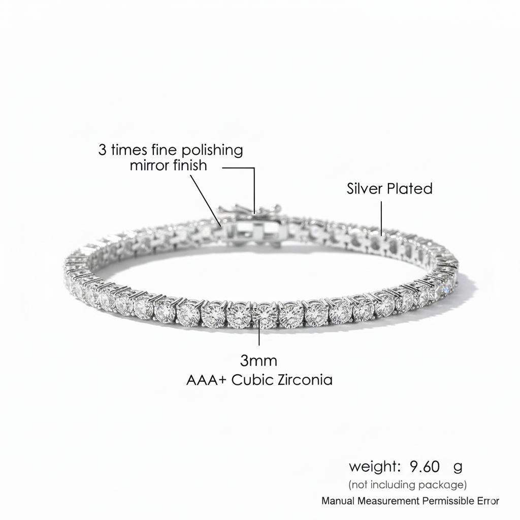 Silver-plated bracelet with AAA+ cubic zirconia stones on a white background