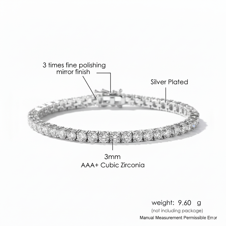 Silver-plated bracelet with AAA+ cubic zirconia stones on a white background