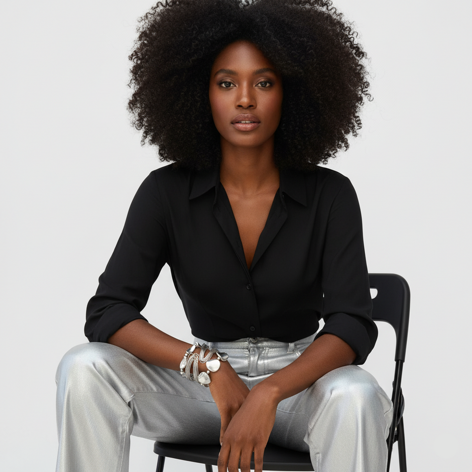 Woman sitting on a chair wearing a black blazer and silver pants against a plain background