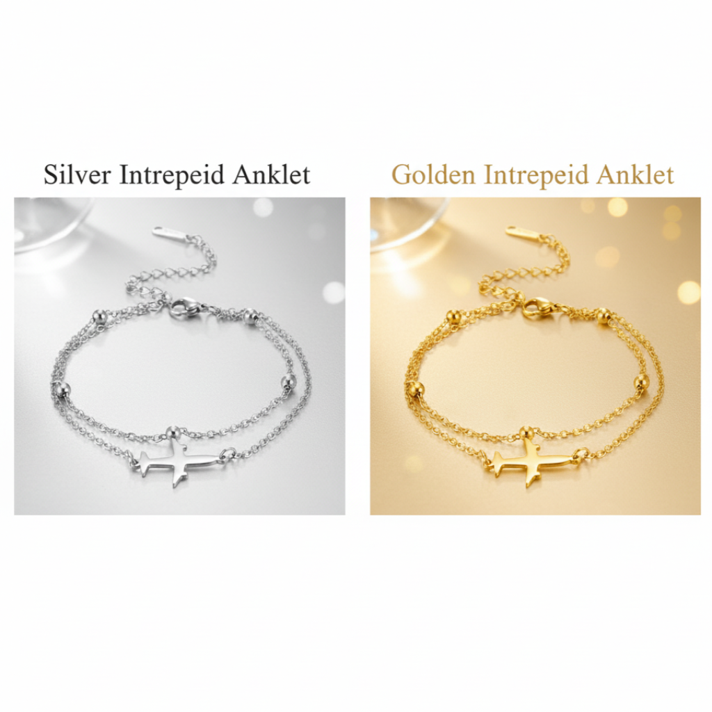 Silver and gold Intrepid anklets on a white background