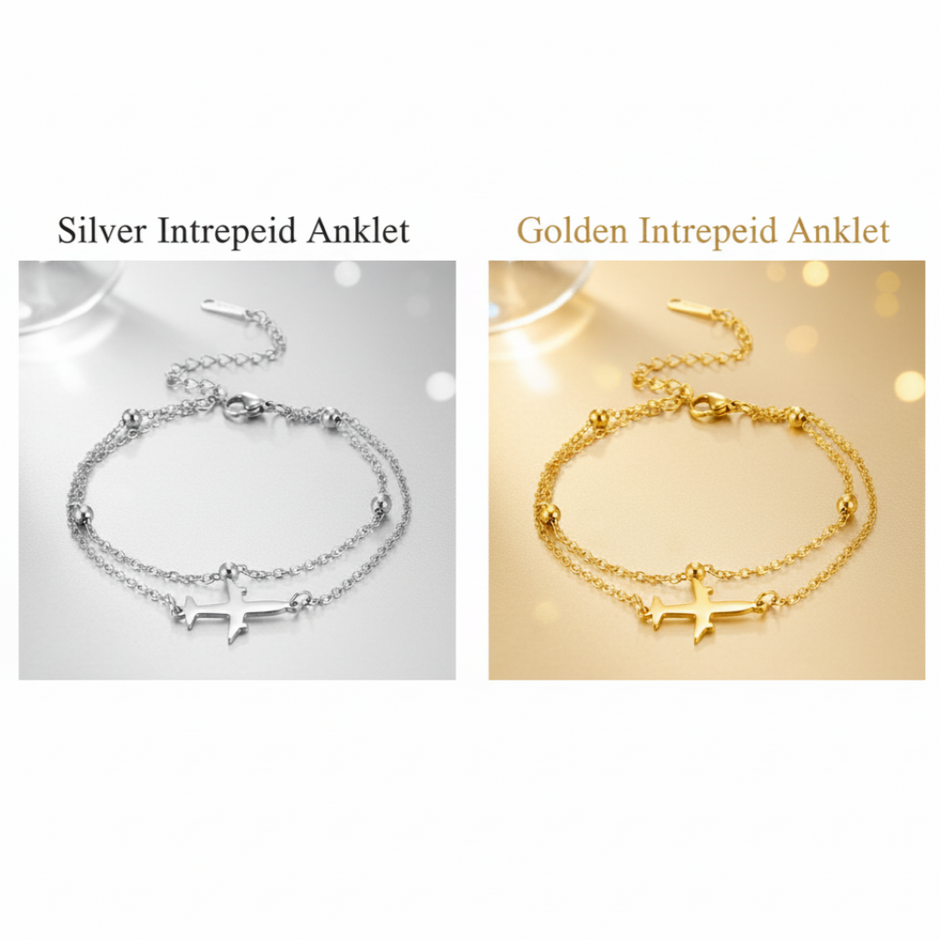Silver and gold Intrepid anklets on a white background