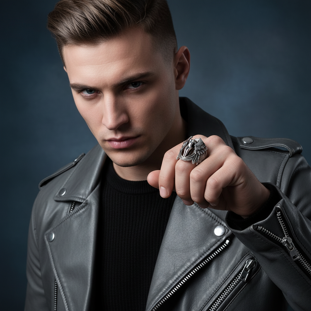 Man wearing a gray leather jacket and black sweater with a dark background