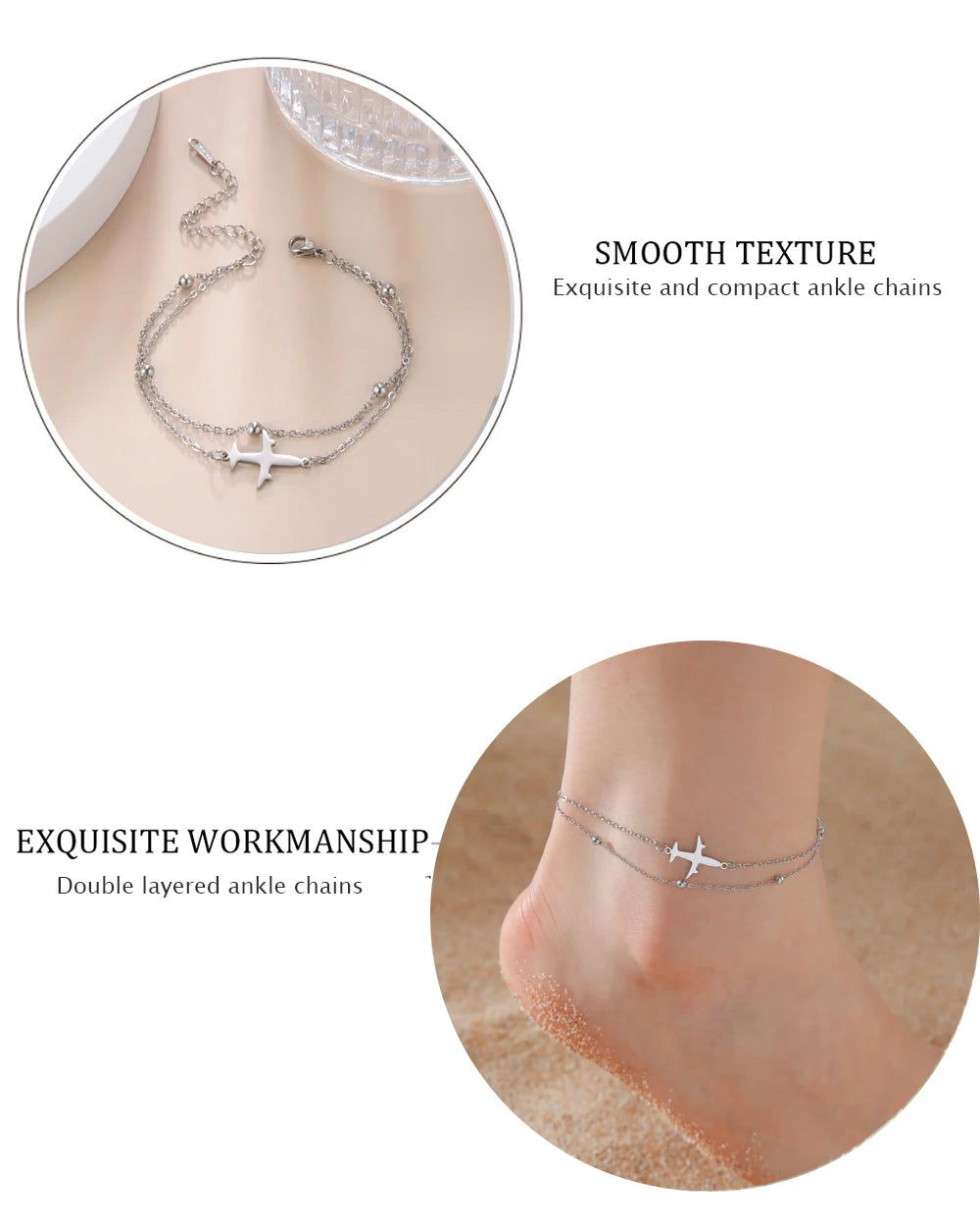 Silver ankle bracelet with airplane charm on a person's ankle, highlighting smooth texture and exquisite workmanship.