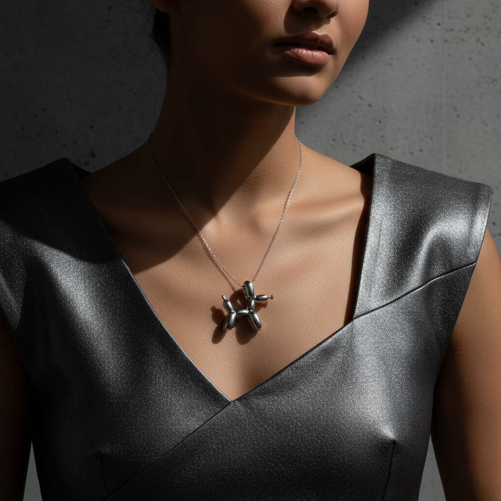 Woman wearing a black dress with a necklace featuring a silver balloon dog against a dark background