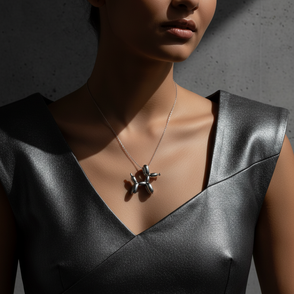 Woman wearing a black dress with a necklace featuring a silver balloon dog against a dark background