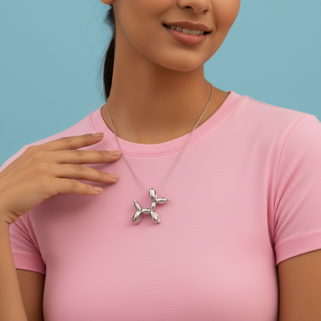 Person wearing a pink shirt with a Silver_balloon_dog_pendant against a blue background
