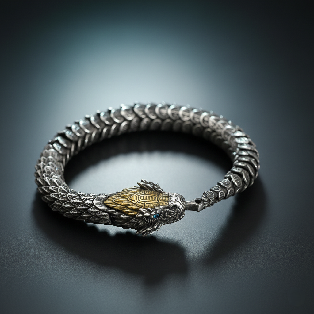 Silver bracelet with a detailed dragon head clasp on a dark background