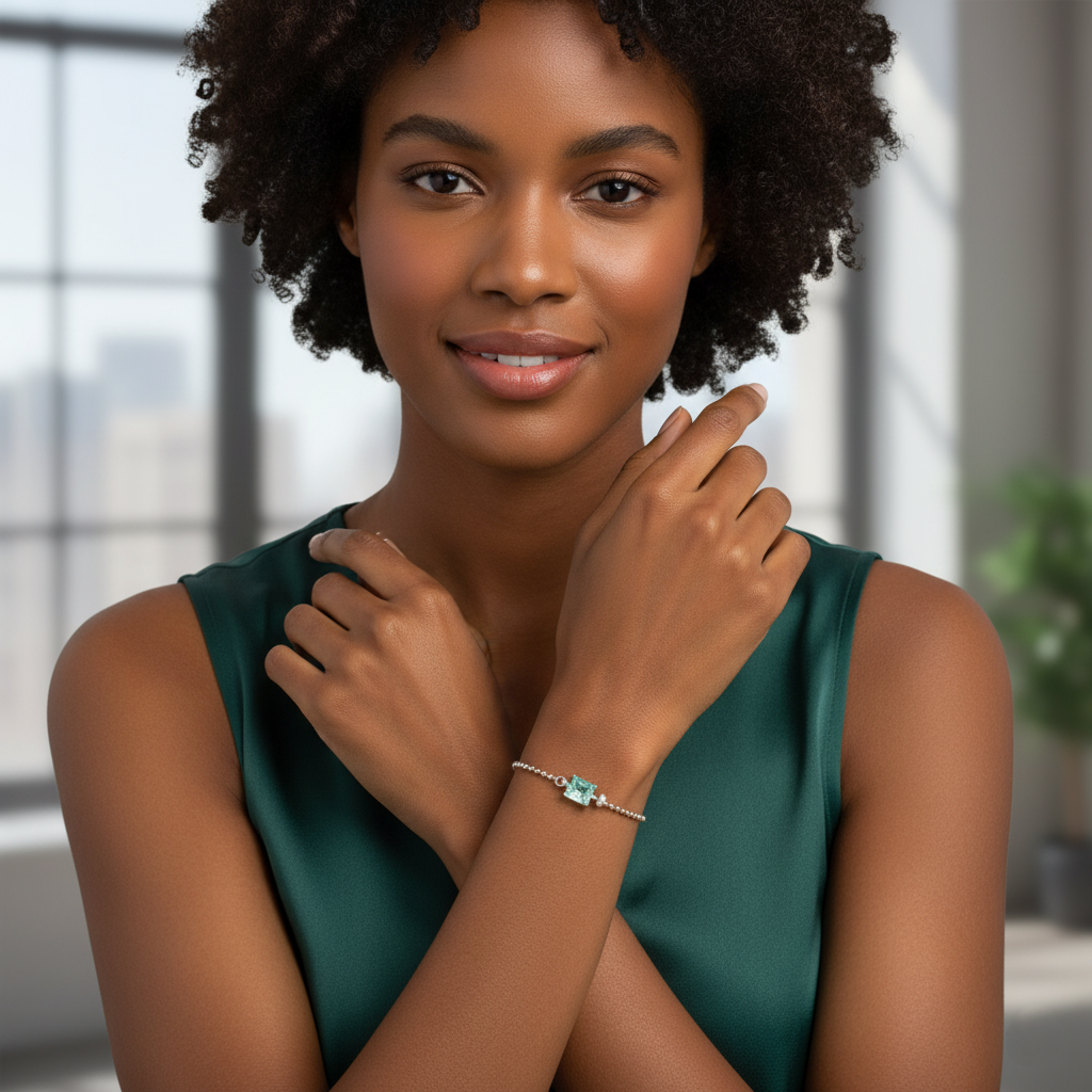 Woman wearing a green dress with a blurred indoor background