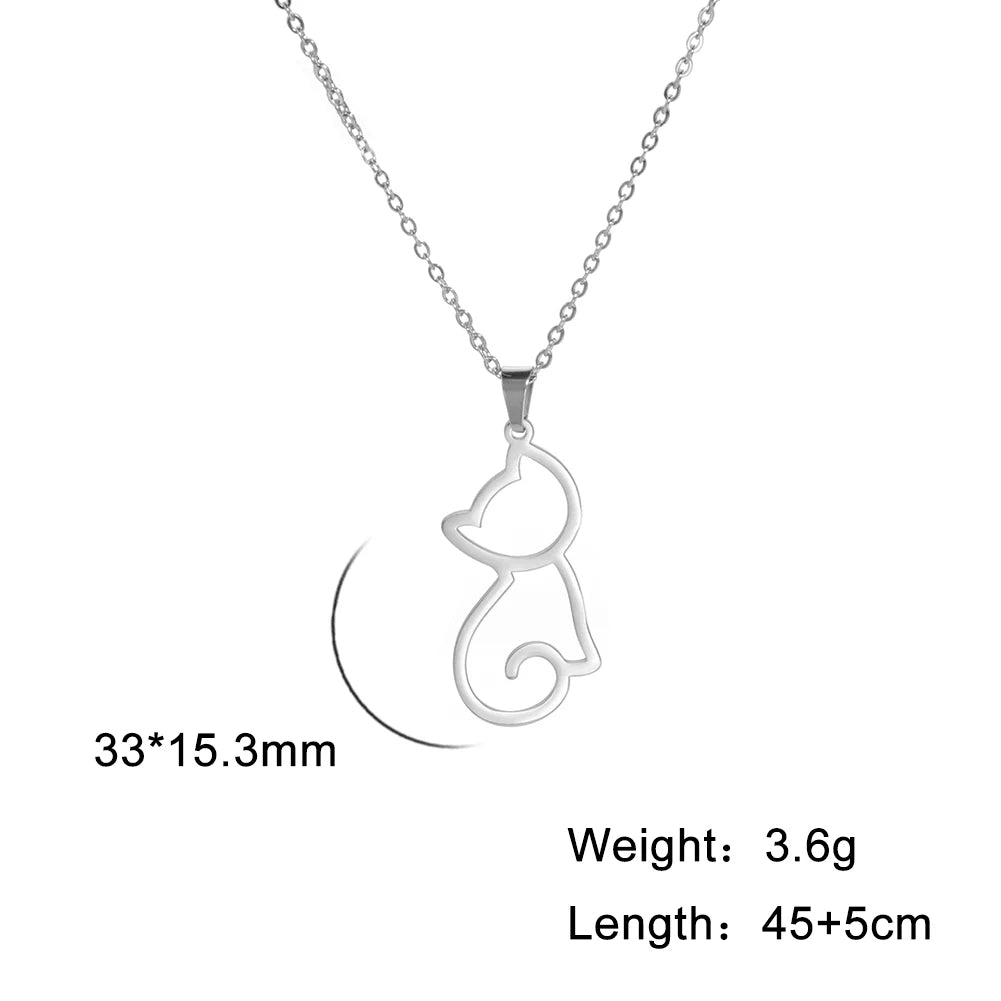 Silver cat-shaped pendant necklace with measurements on a white background