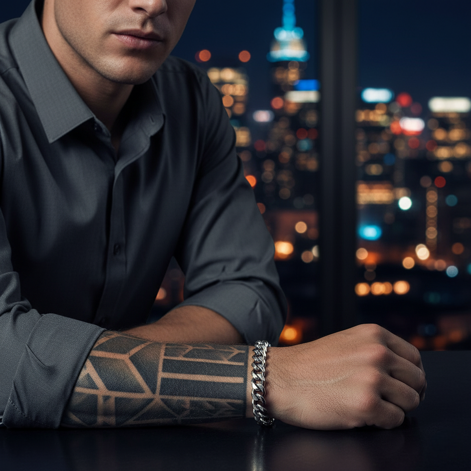 Man with tattooed arm and bracelet sitting in front of a cityscape at night