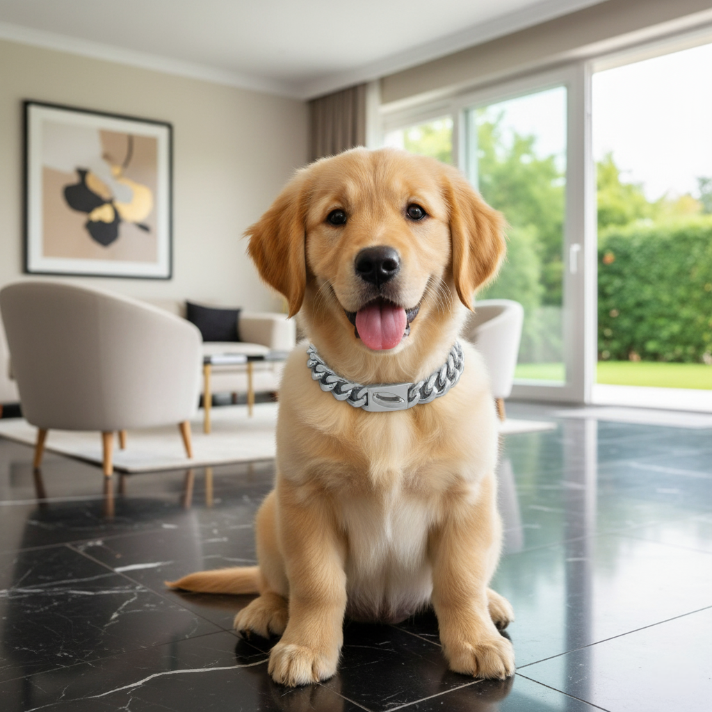 Happy puppy wearing a silver collar sitting on a black marble floor in a modern living room.