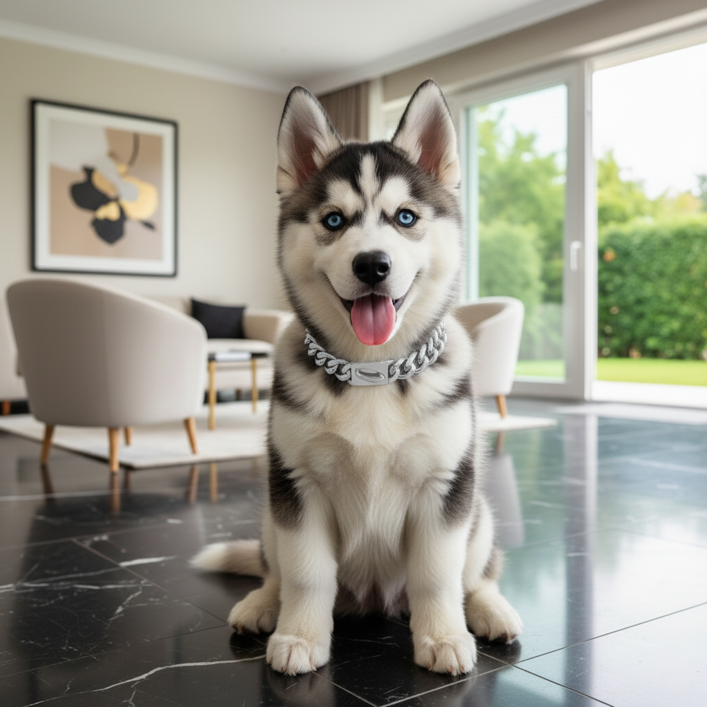 Siberian Husky wearing a silver collar, sitting on a black marble floor in a modern living room.