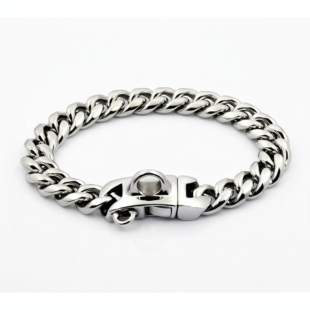 Silver chain dog collar with a clasp on a white background