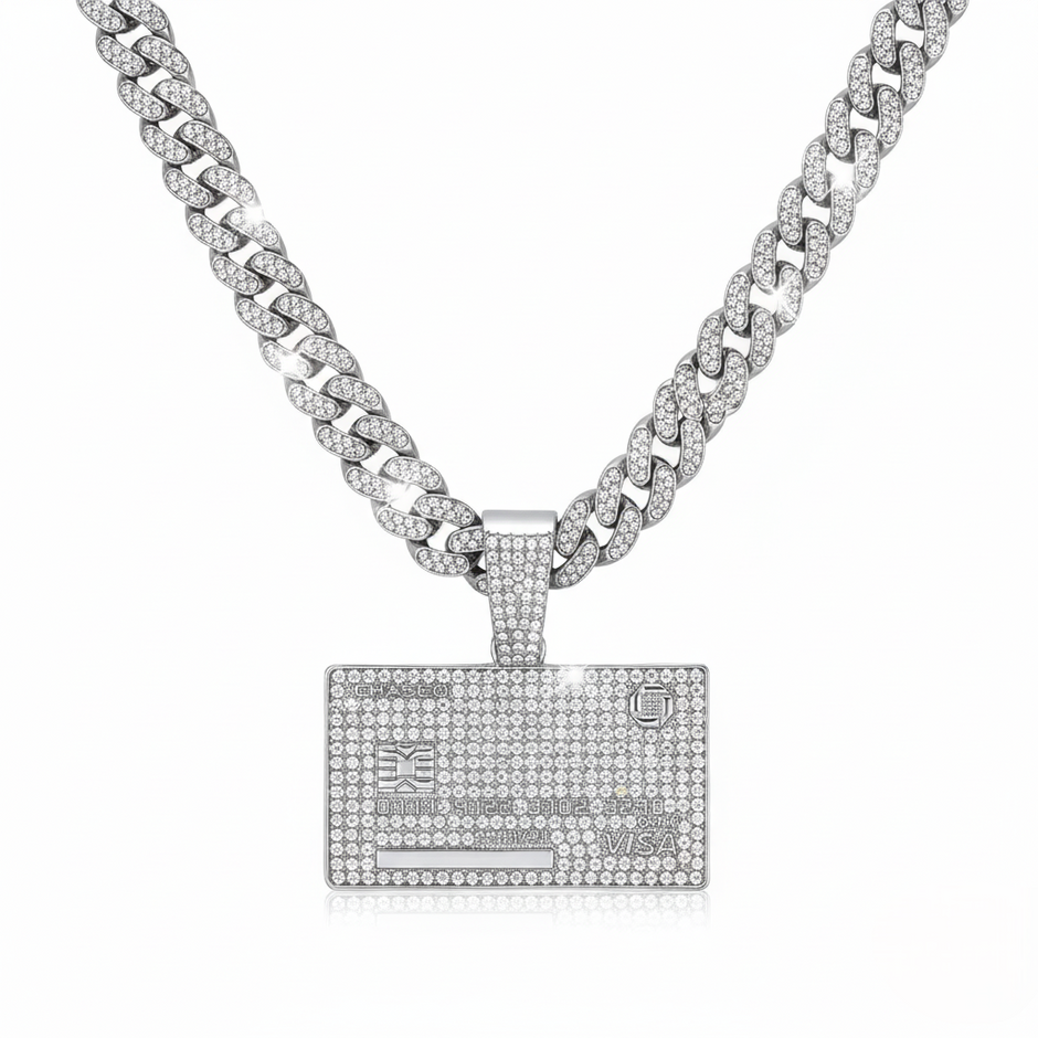 Silver chain necklace with a rectangular pendant on a white background