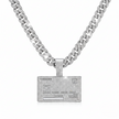 Silver chain necklace with a rectangular pendant on a white background