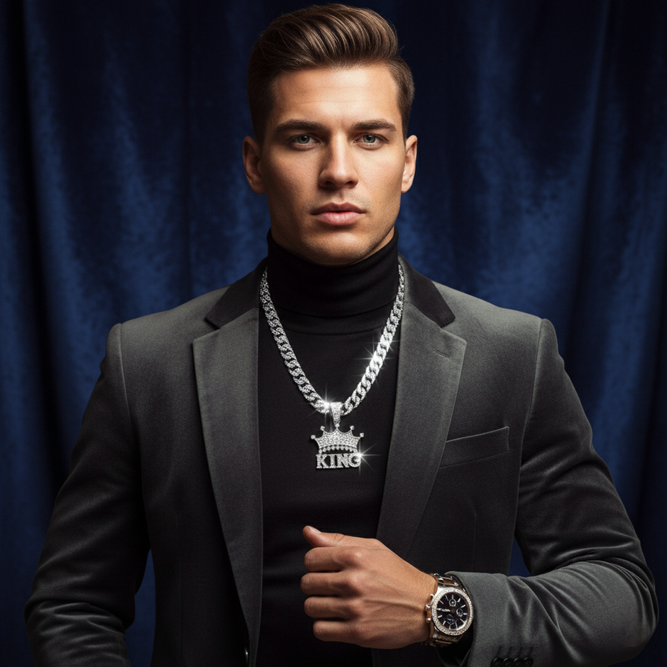 Man wearing a black suit with a prominent necklace and watch against a dark blue curtain.