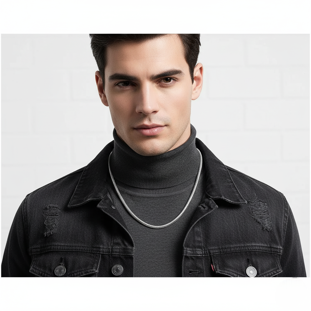 Man wearing a black denim jacket and gray turtleneck with a silver chain necklace on a light gray background