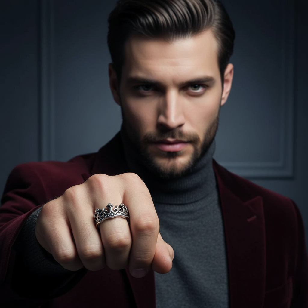 Silver crown ring on a hand with a dark background