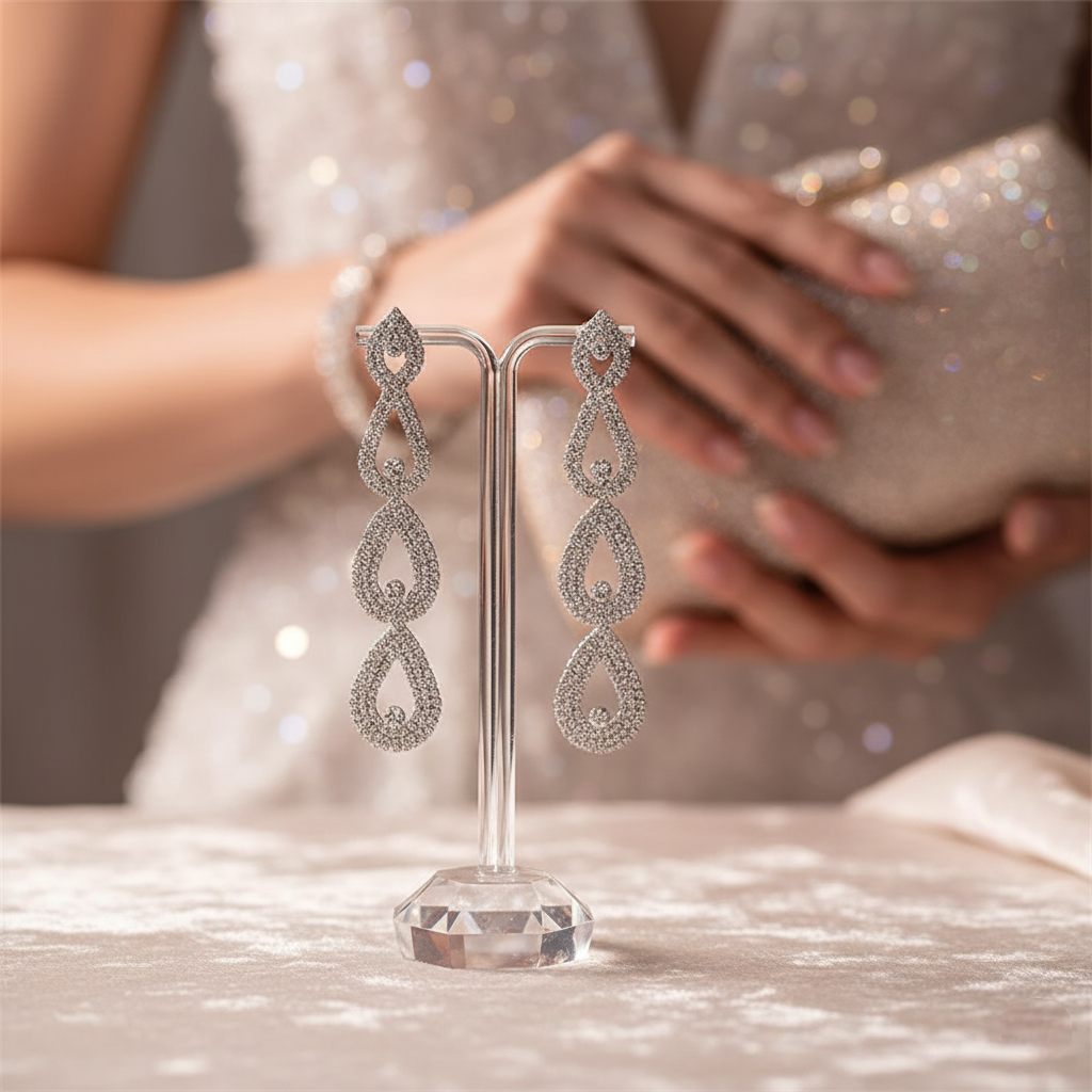 Silver earrings on a stand with a blurred background of a person holding a clutch.