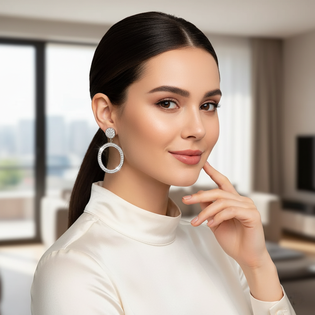 Woman wearing large silver hoop earrings in a blurred indoor setting