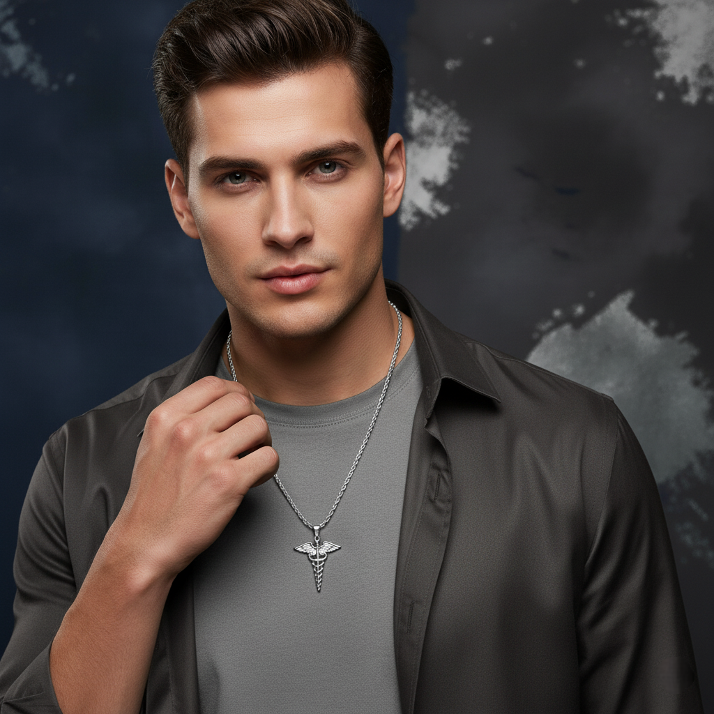 A man wearing a silver necklace with a caduceus pendant with a dark background